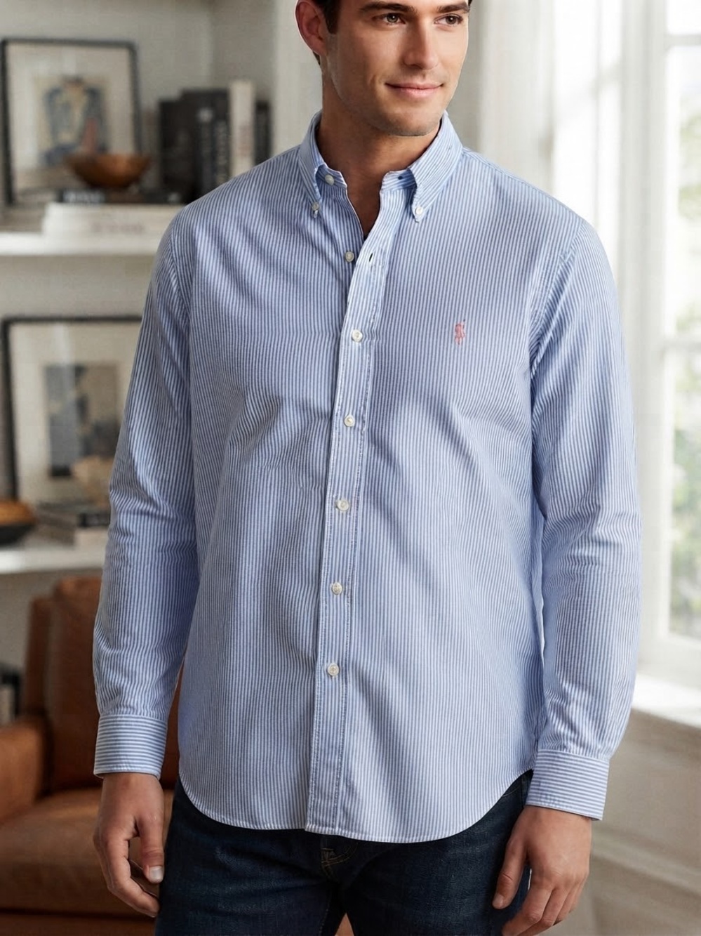 Polo Ralph Lauren Shirt Mens 16.5 L Classic Fit Blue Striped Pink Pony FLAW LS